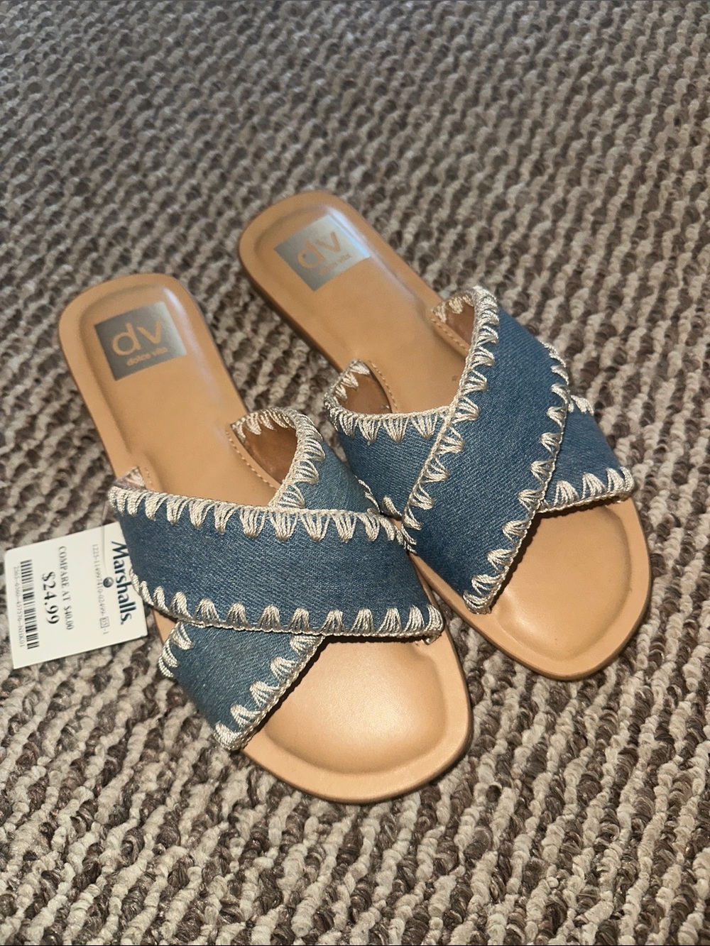 DV by Dolce Vita Denim Crisscross Slide Sandals in Blue and Tan
